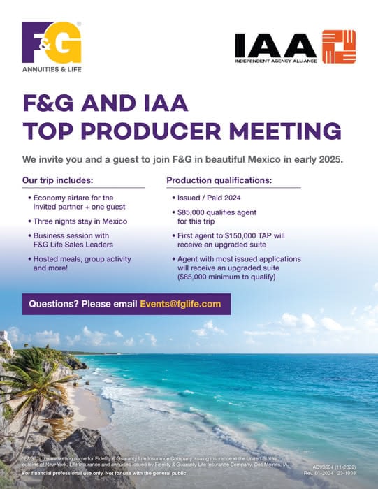 flyer featuring details of the F&G + IAA trip with a photo of a tropical beach in the background